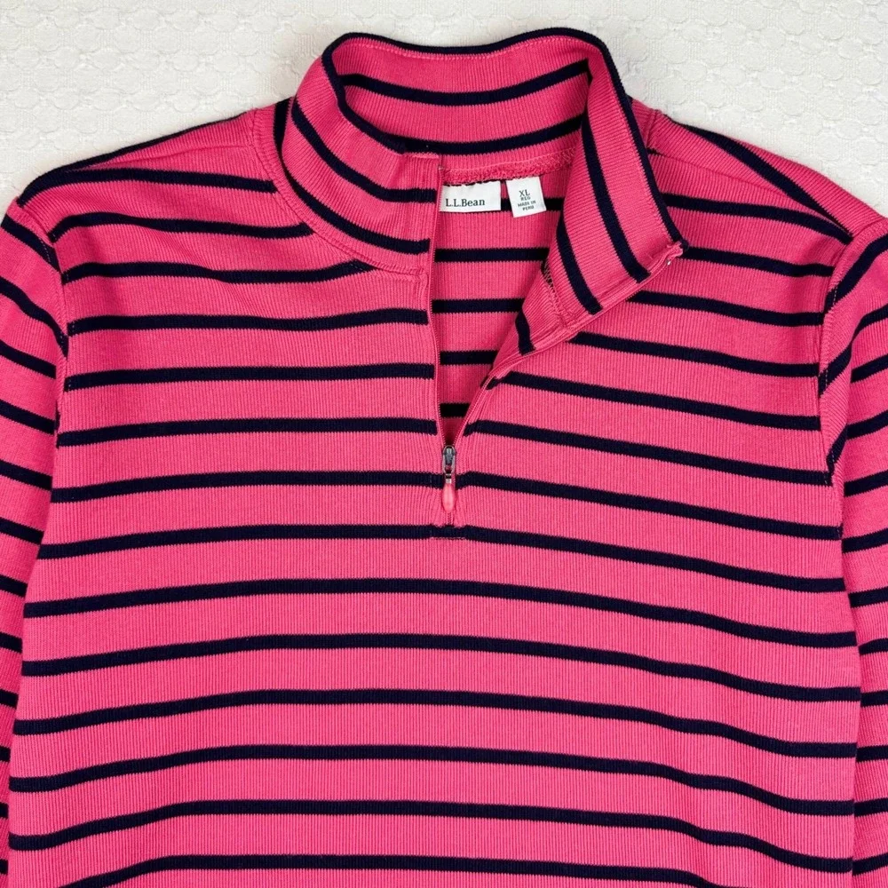 L.L.Bean Quarter Zip Pullover Sailor Striped Women XL Navy Pink-Orange Preppy